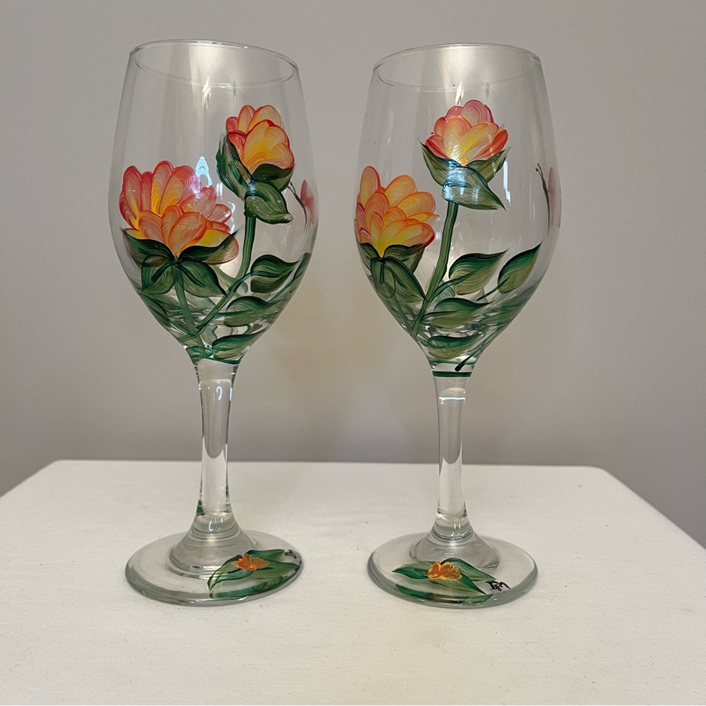 Vintage Hand Painted Flowers Wine Glasses